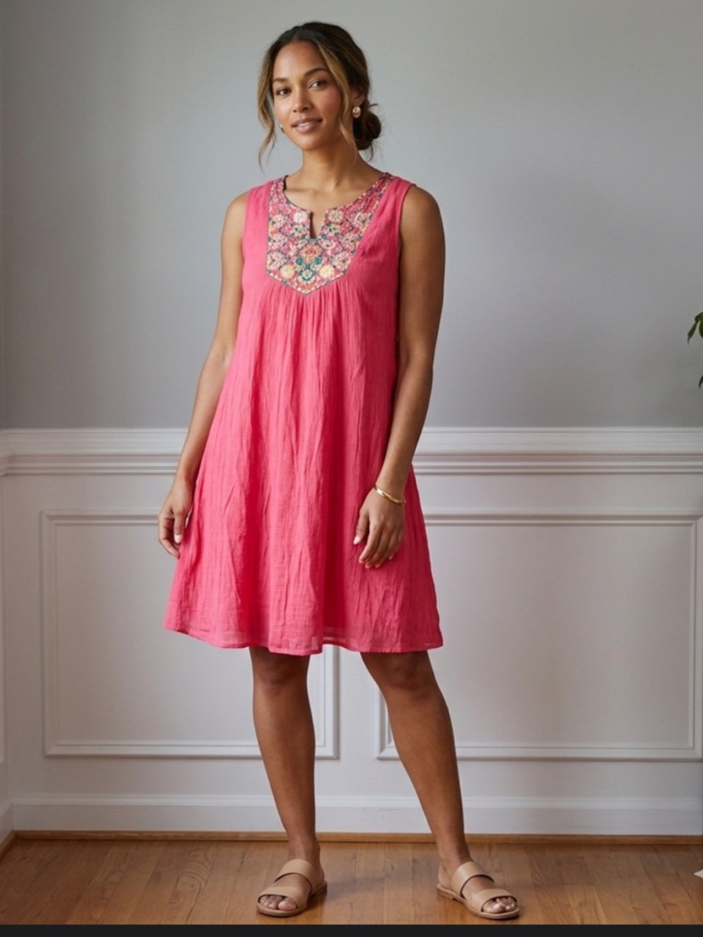 Luxology Sleeveless Pink Embroidered Yoke Sundress Women’s Size 10